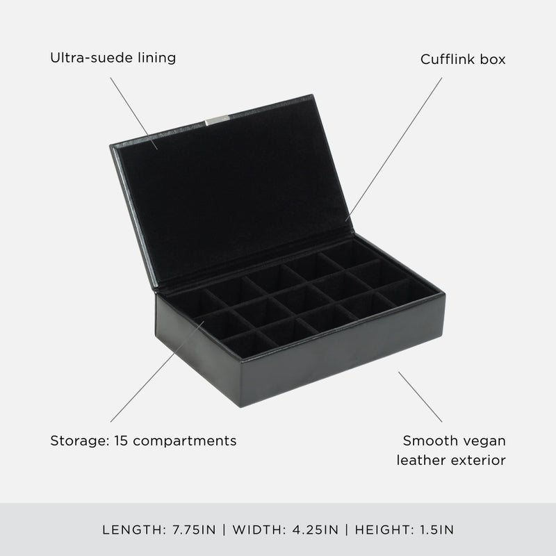 Wolf Designs WOLF Heritage 15-Piece Cufflink Box, Black - 15 Compartments - Faux Leather Exterior + Ultra-Suede Lining - Image 4